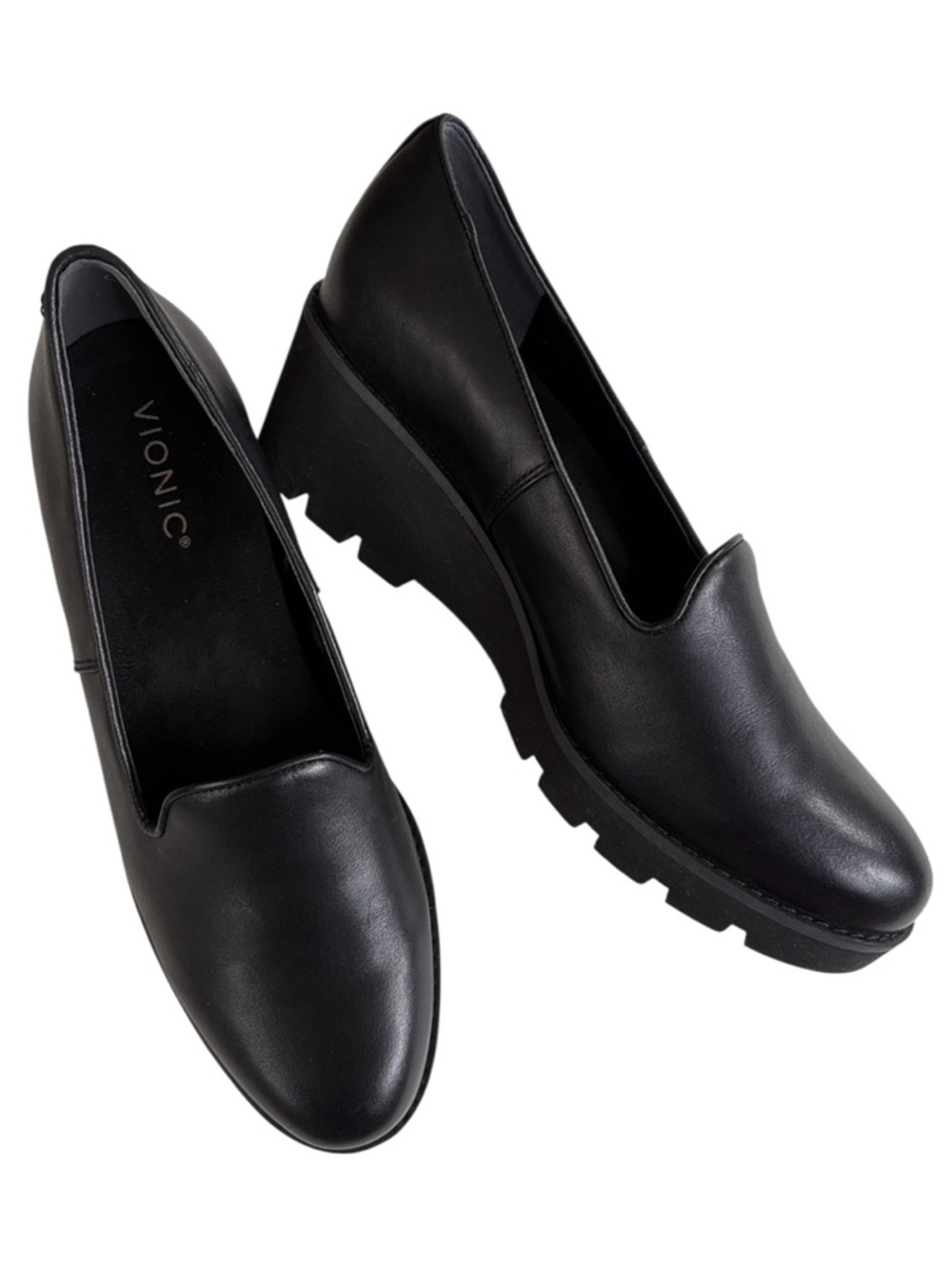 Vionic Black Leather Lug Sole Slip-On Loafers